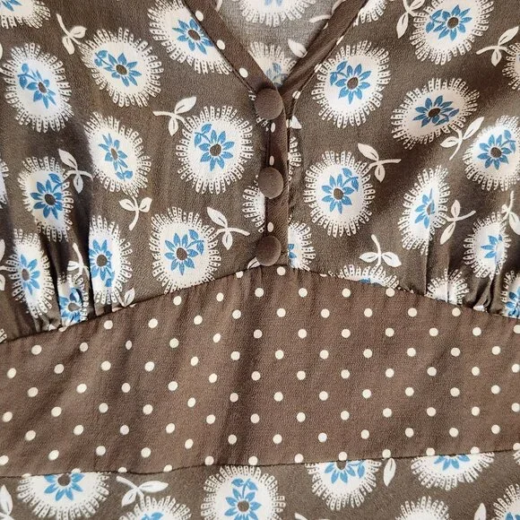 Boden Empire Waist Midi Dress Brown Blue Polka Dot Floral - Picture 6 of 11
